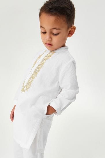 White Gold Regular Length Embroidered Boys Kurta 3mths 7yrs