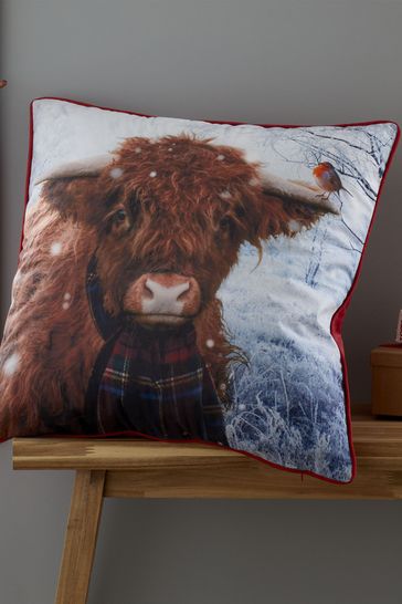 Catherine Lansfield Silver Highland Cow Christmas Cushion