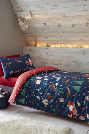 Catherine Lansfield Blue Santa's Christmas Wonderland Duvet Cover and Pillowcase Set