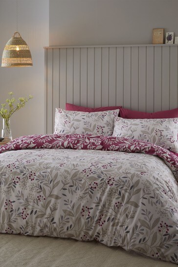 Catherine Lansfield Natural Brushed Cotton Lingoberry Floral Duvet Cover and Pillowcase Set