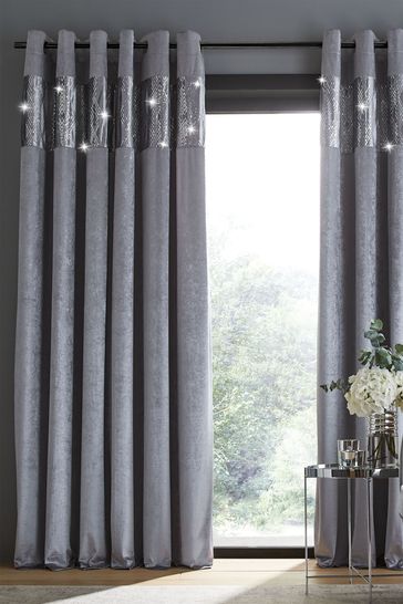 Catherine Lansfield Grey Crushed Velvet Glamour Sequin Curtains