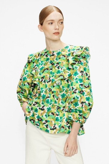Ted Baker Green Gigie Printed Frill Shoulder Balloon Sleeve Top