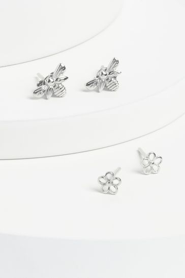 Sterling Silver Flower And Bee Stud Earring Pack