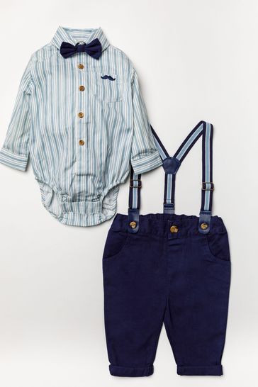 Little Gent Blue Shirt Bodysuit, Bowtie, Trouser And Braces 3 Piece Baby Set