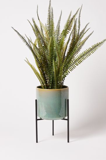 Oliver Bonas Turquoise Blue Abuo Short Ceramic Plant Pot and Stand