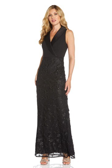 Adrianna Papell Womens Black Tuxedo Sequin Embroidery Gown