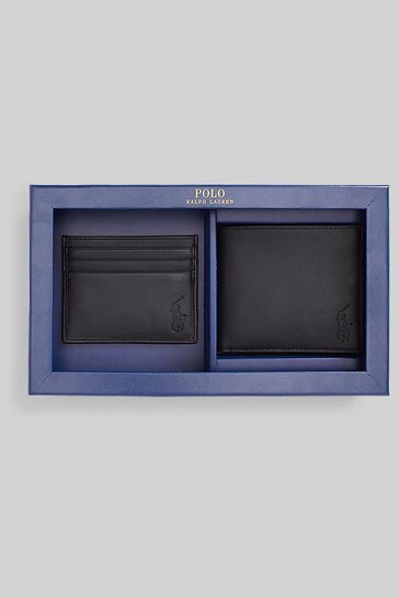 Polo Ralph Lauren Black Smooth Leather Billfold Wallet Card Holder Set
