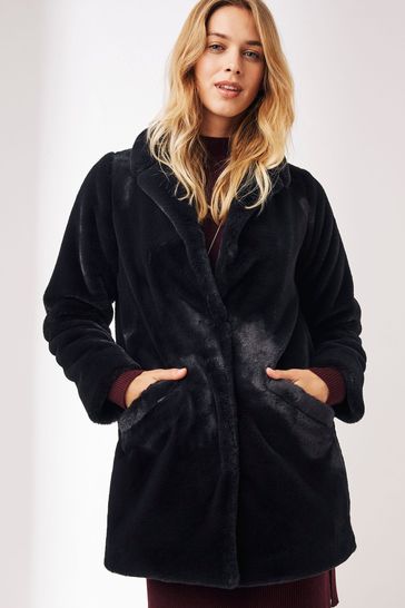 FatFace Felicity Long Black Faux-Fur Coat