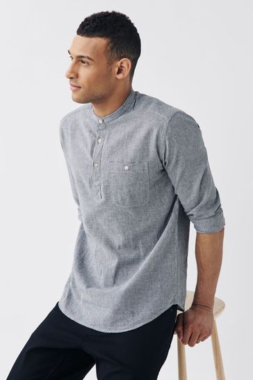 Charcoal Overhead Cotton Linen Blend Roll Sleeve Shirt