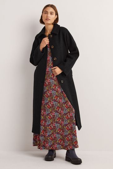 Boden Black Belted Textured Wool Maxi Coat
