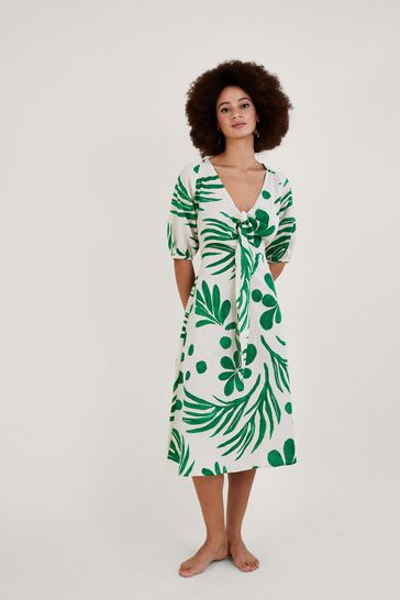 Monsoon Green Abstract Palm Print Tie Front Midi Dress