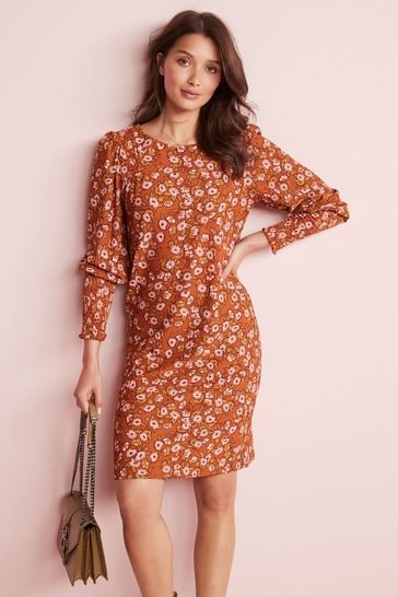 Buy Ochre Yellow Floral Print Smock Neck Long Sleeve Mini Dress from Next Luxembourg