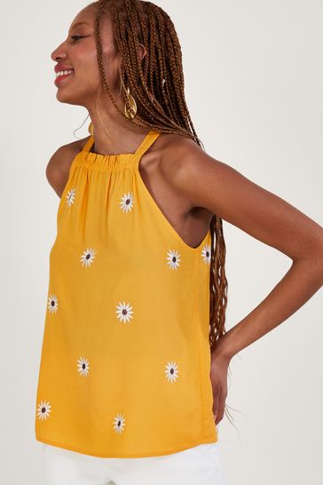 Monsoon Yellow Sunflower Halter Embroidered Cami Top in LENZING™ ECOVERO™