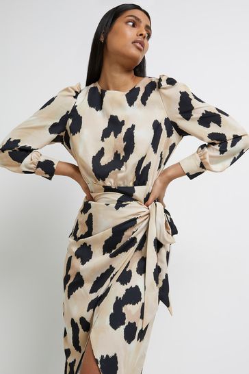 F&f neutral leopard border satin wrap midi dress outlet