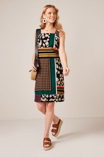 Green/Ecru Spliced Tile Print Linen Blend Square Neck Shift Dress