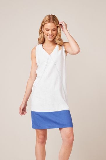 White/Blue Linen Blend Summer Shift Dress
