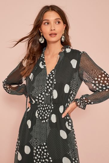 Buy Black White Spot Long Sleeve Chiffon Midi Dress from Next