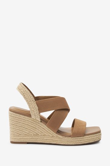 Tan Brown Extra Wide Fit Forever Comfort® Elasticated Cross-Over Espadrille Wedges