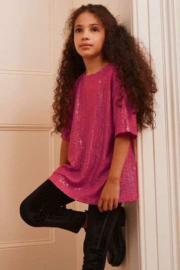 Magenta Pink Oversized Sparkle Sequin Party T-Shirt (3-16yrs)