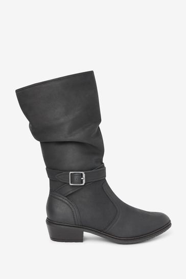 Black Slouch Low Block Heel Midi Boots
