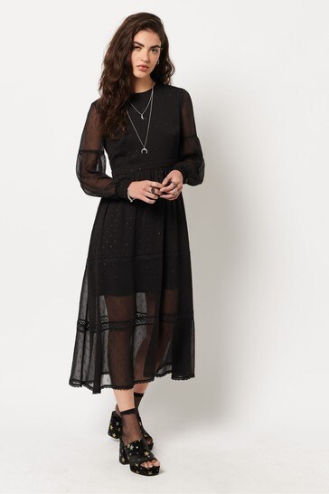 Superdry Black Woven Long Sleeve Metallic Midi Dress
