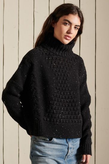 Superdry Black Chunky Cable Roll Neck Jumper