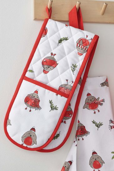 Catherine Lansfield Red Red Christmas Robins Double Oven Gloves