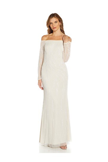 Adrianna Papell White Beaded Off Shoulder Gown