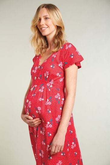 Frugi Maternity And Nursing Red Organic Floral Midi Dress
