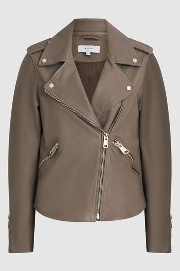 Reiss Taupe Gigi Leather Biker Jacket