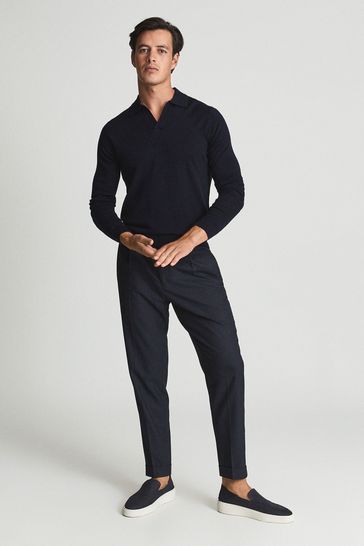 Reiss Blue Milburn Merino Wool Open Collar Polo Shirt