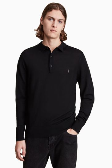 AllSaints Black Mode Merino Long Sleeve Polo Shirt