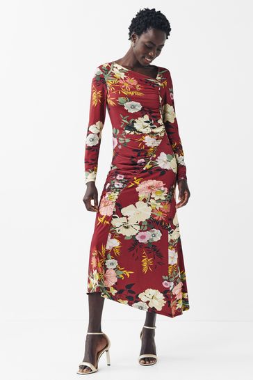 Berry Red Floral Gathered Long Sleeve Dress