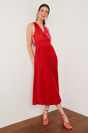 Red/Pink Satin Wrap Front Pleated Midi Dress