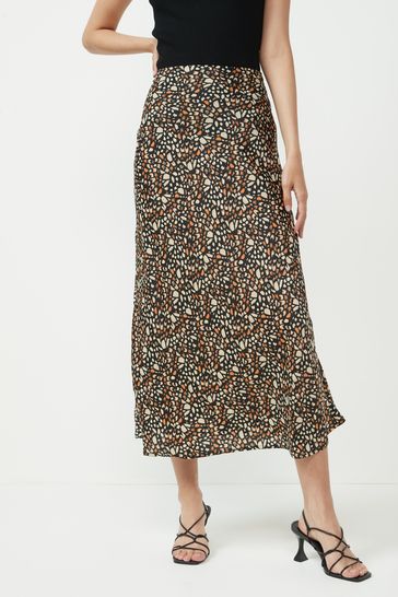 Brown/Orange Print Satin Midi Slip Skirt