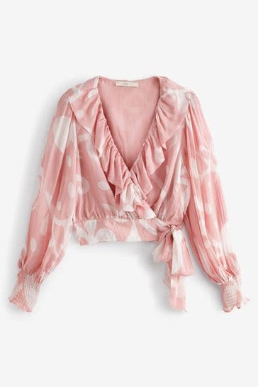 Pink long clearance sleeve ruffle top