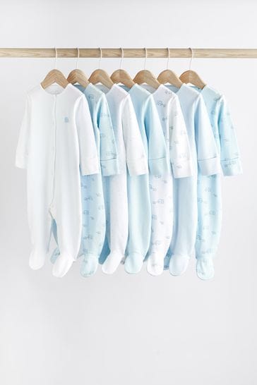 Blue/White 7 Pack Baby Sleepsuits (0-2yrs)