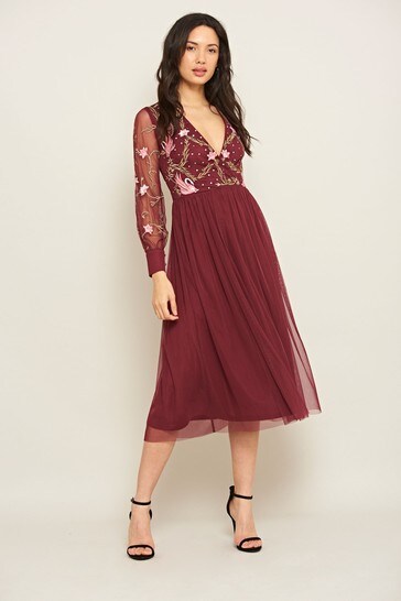 Frill Red Embroidered Midi Dress ...