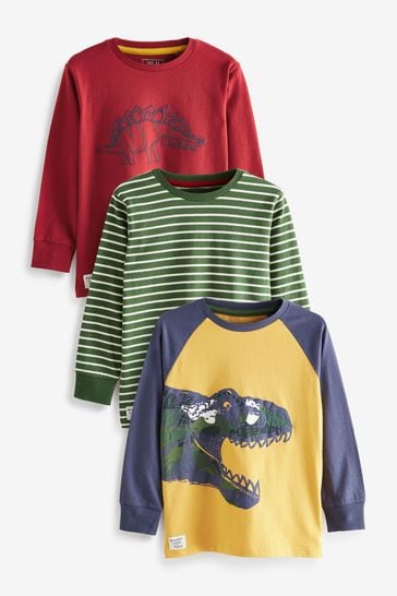 Ochre Yellow Dino 3 Pack Long Sleeve Graphic T-Shirts (3-16yrs)