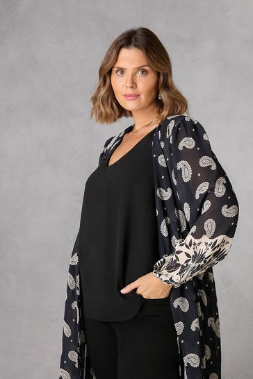 Buy Live Unlimited Border Paisley Print Longline Black Kimono from