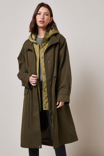 Khaki Green Shower Resistant Parka With Quilted Hood