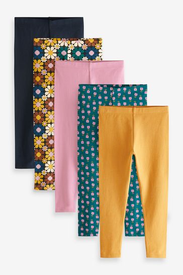 Pink/Teal Green/Ochre Yellow Floral 5 Pack Leggings 5 Pack (3-16yrs)