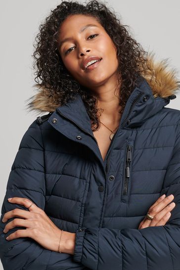 Buy Superdry Blue Faux Next from Hooded Longline Puffer USA Coat Fur