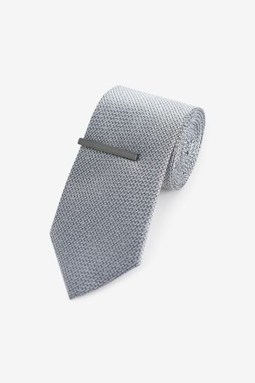 Silver Grey Regular Textured Tie With Tie Clip