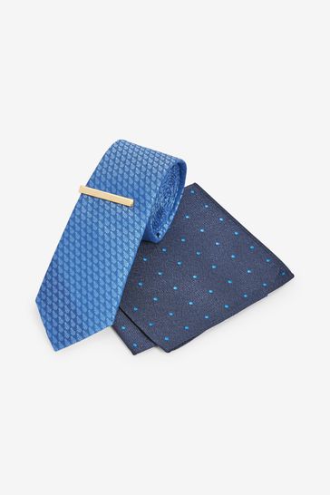 Blue Spot Slim Tie, Pocket Square And Tie Clip Set