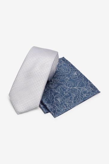 Silver Grey/Blue Floral Signature Tie And Pocket Square Set