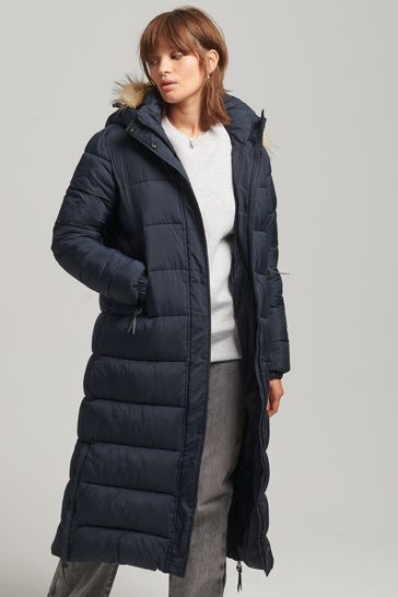 Blue puffer coat top with fur hood