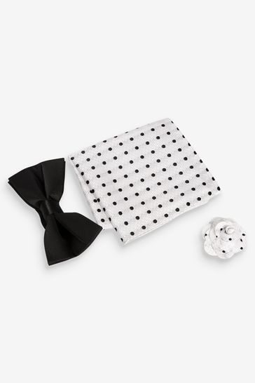 Black/White Spot Bow Tie, Pocket Square And Pin Set