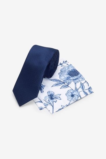 Blue Navy Floral Slim Tie And Pocket Square Set