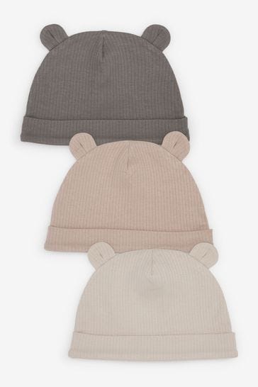 Neutral/Grey Rib 3 Pack Baby Bear Ear Beanie Hats (0-18mths)